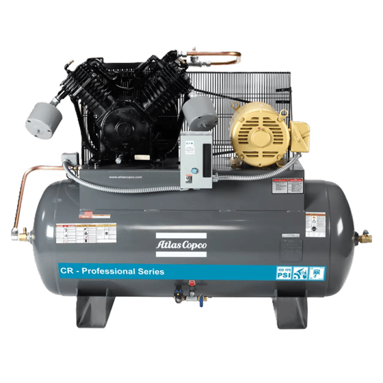Atlas Copco CR Industrial air compressor on a grey horizontal tank with blue brand stripe